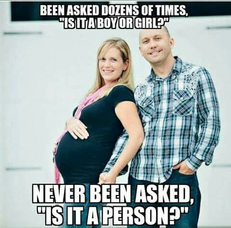 A smiling expectant couple, captioned “Been asked dozens of times, ‘Is it a boy or girl?’ Never been asked, ‘Is it a person?’”